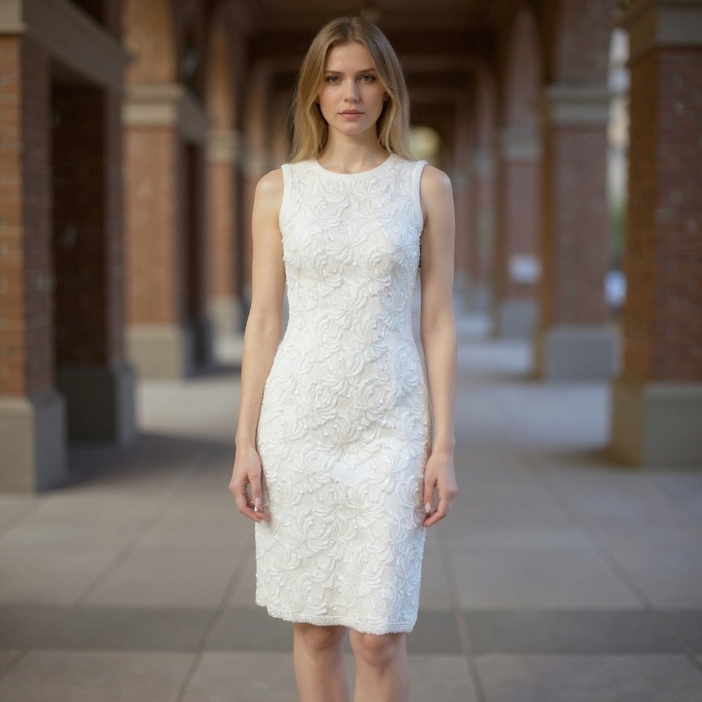 Vintage Beaded Lace Cocktail Dress‎ M/L White Pearl Embellished Sleeveless